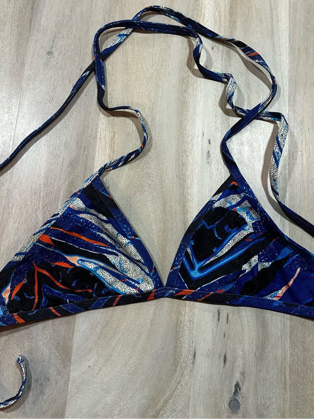 Jolyn Clothing Navy Abstract Triangle Bikini Top with Orange Accents
